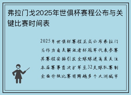 弗拉门戈2025年世俱杯赛程公布与关键比赛时间表