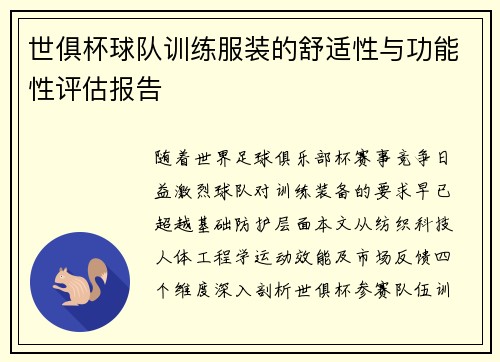 世俱杯球队训练服装的舒适性与功能性评估报告